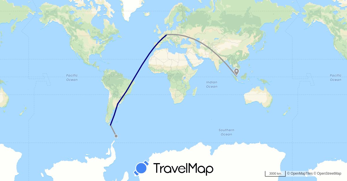 TravelMap itinerary: driving, plane in Argentina, Germany, Singapore (Asia, Europe, South America)